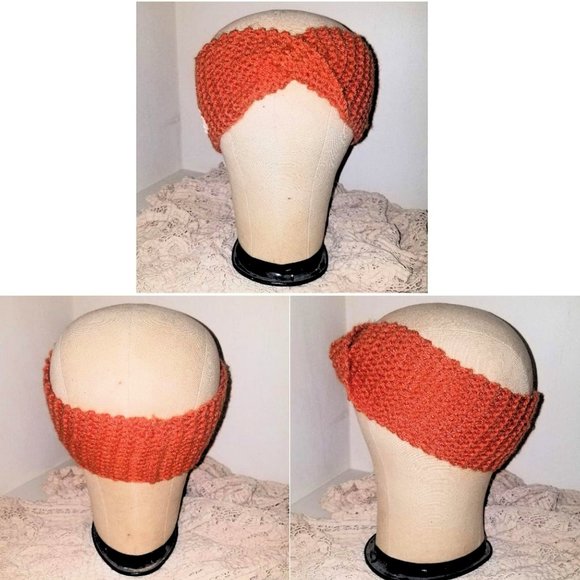 Fingerless Gloves Boot Cuffs & Twist Headband Set Hand Knit Pumpkin Burnt Orange - Picture 4 of 9